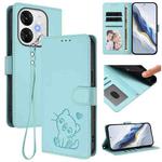 For Itel A80 4G Embossed Heart Cat Leather Phone Case with Hand Strap(Mint Green)