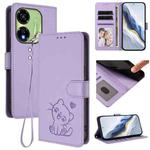 For Itel P55 5G Embossed Heart Cat Leather Phone Case with Hand Strap(Light Purple)