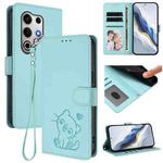 For Itel S25 Ultra 4G Embossed Heart Cat Leather Phone Case with Hand Strap(Mint Green)