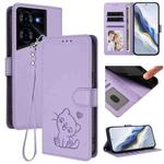 For Tecno Pova 5 Pro Embossed Heart Cat Leather Phone Case with Hand Strap(Light Purple)