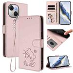 For Tecno Spark 40C Embossed Heart Cat Leather Phone Case with Hand Strap(Pink)