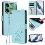 For Tecno Pova 6 4G Embossed Heart Cat Leather Phone Case with Hand Strap(Mint Green)