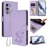 For Fujitsu Arrows Alpha F-51F Embossed Heart Cat Leather Phone Case with Strap(Light Purple)