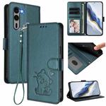 For Fujitsu Arrows We2 Plus Embossed Heart Cat Leather Phone Case with Strap(Dark Green)