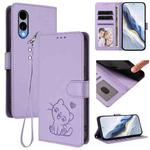 For Fujitsu Arrows We2 Embossed Heart Cat Leather Phone Case with Strap(Light Purple)