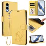 For Fujitsu Arrows We2 Embossed Heart Cat Leather Phone Case with Strap(Yellow)