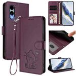 For Fujitsu Arrows We2 Embossed Heart Cat Leather Phone Case with Strap(Dark Purple)