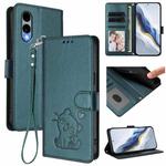 For Fujitsu Arrows We2 Embossed Heart Cat Leather Phone Case with Strap(Dark Green)
