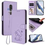 For Fujitsu FCNT RakuRaku F-53E Embossed Heart Cat Leather Phone Case with Strap(Light Purple)