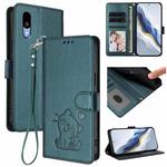 For Sharp Basio Active3 Embossed Heart Cat Leather Phone Case with Strap(Dark Green)