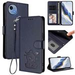 For Sharp Aquos wish5 Embossed Heart Cat Leather Phone Case with Strap(Blue)