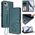 For Sharp Aquos wish4 Embossed Heart Cat Leather Phone Case with Strap(Dark Green)