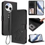 For Sharp Aquos Sense9 Plus Embossed Heart Cat Leather Phone Case with Strap(Black)