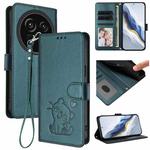 For Sharp Aquos R9 Pro Embossed Heart Cat Leather Phone Case with Strap(Dark Green)