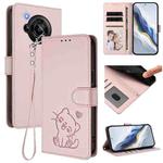 For Sharp Aquos R7 Embossed Heart Cat Leather Phone Case with Strap(Pink)