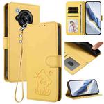 For Sharp Aquos R7 Embossed Heart Cat Leather Phone Case with Strap(Yellow)
