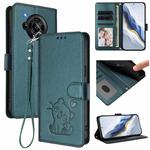 For Sharp Aquos R7 Embossed Heart Cat Leather Phone Case with Strap(Dark Green)