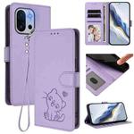 For OnePlus 13T 5G Embossed Heart Cat Leather Phone Case with Hand Strap(Light Purple)