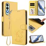 For OnePlus Nord CE4 5G Embossed Heart Cat Leather Phone Case with Hand Strap(Yellow)