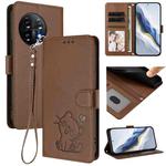 For OnePlus 11 Embossed Heart Cat Leather Phone Case with Hand Strap(Brown)