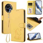 For OnePlus 11R 5G / Ace 2 5G Embossed Heart Cat Leather Phone Case with Hand Strap(Yellow)