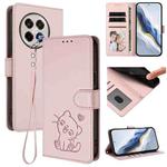 For OnePlus 13R / Ace 5 Pro / Ace 5 Embossed Heart Cat Leather Phone Case with Hand Strap(Pink)