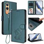For OnePlus Nord CE4 Lite 5G Embossed Heart Cat Leather Phone Case with Hand Strap(Dark Green)