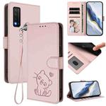 For TCL 20R / Bremen 5G / 20AX 5G Embossed Heart Cat Leather Phone Case with Hand Strap(Pink)