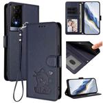 For TCL 50 XE Embossed Heart Cat Leather Phone Case with Hand Strap(Blue)