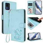 For TCL 303 Embossed Heart Cat Leather Phone Case with Hand Strap(Mint Green)