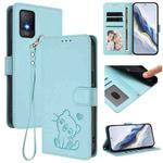For TCL 403 / Vodafone Smart M23 Embossed Heart Cat Leather Phone Case with Hand Strap(Mint Green)