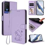 For TCL 505 / T509K / T5094 Embossed Heart Cat Leather Phone Case with Hand Strap(Light Purple)