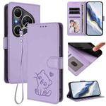 For Huawei Pura 80 Ultra 5G Embossed Heart Cat Leather Phone Case with Strap(Light Purple)