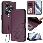 For Huawei Pura 80 Ultra 5G Embossed Heart Cat Leather Phone Case with Strap(Dark Purple)
