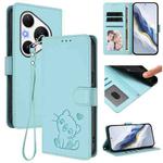 For Huawei Pura 80 Pro 5G / Pura 80 Pro+ 5G Embossed Heart Cat Leather Phone Case with Strap(Mint Green)