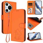 For Huawei Pura 70 Embossed Heart Cat Leather Phone Case with Strap(Orange)