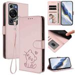 For Huawei P60 / P60 Pro Embossed Heart Cat Leather Phone Case with Strap(Pink)