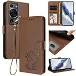 For Huawei P60 / P60 Pro Embossed Heart Cat Leather Phone Case with Strap(Brown)