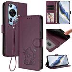 For Huawei P60 Art Embossed Heart Cat Leather Phone Case with Strap(Dark Purple)