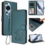 For Huawei P60 Art Embossed Heart Cat Leather Phone Case with Strap(Dark Green)