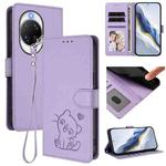 For Huawei nova 14 Pro Embossed Heart Cat Leather Phone Case with Strap(Light Purple)