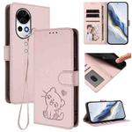 For Huawei nova 13 / nova 12 Embossed Heart Cat Leather Phone Case with Strap(Pink)
