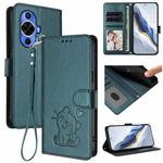 For Huawei nova 12s / nova 12 Lite / nova 11 Embossed Heart Cat Leather Phone Case with Strap(Dark Green)