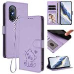 For Huawei nova 9 SE Embossed Heart Cat Leather Phone Case with Strap(Light Purple)