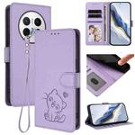 For Huawei Mate 70 Embossed Heart Cat Leather Phone Case with Strap(Light Purple)