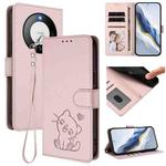 For Huawei Mate 60 Embossed Heart Cat Leather Phone Case with Strap(Pink)