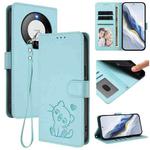 For Huawei Mate 60 Embossed Heart Cat Leather Phone Case with Strap(Mint Green)