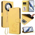 For Huawei Mate 60 Embossed Heart Cat Leather Phone Case with Strap(Yellow)