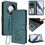 For Huawei Mate 60 Embossed Heart Cat Leather Phone Case with Strap(Dark Green)