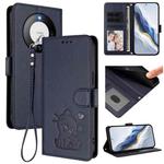 For Huawei Mate 60 Embossed Heart Cat Leather Phone Case with Strap(Blue)